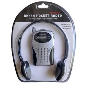 Craig AM/FM Pocket Radio with Speaker and Headphones Silver Black CS2500A NEW